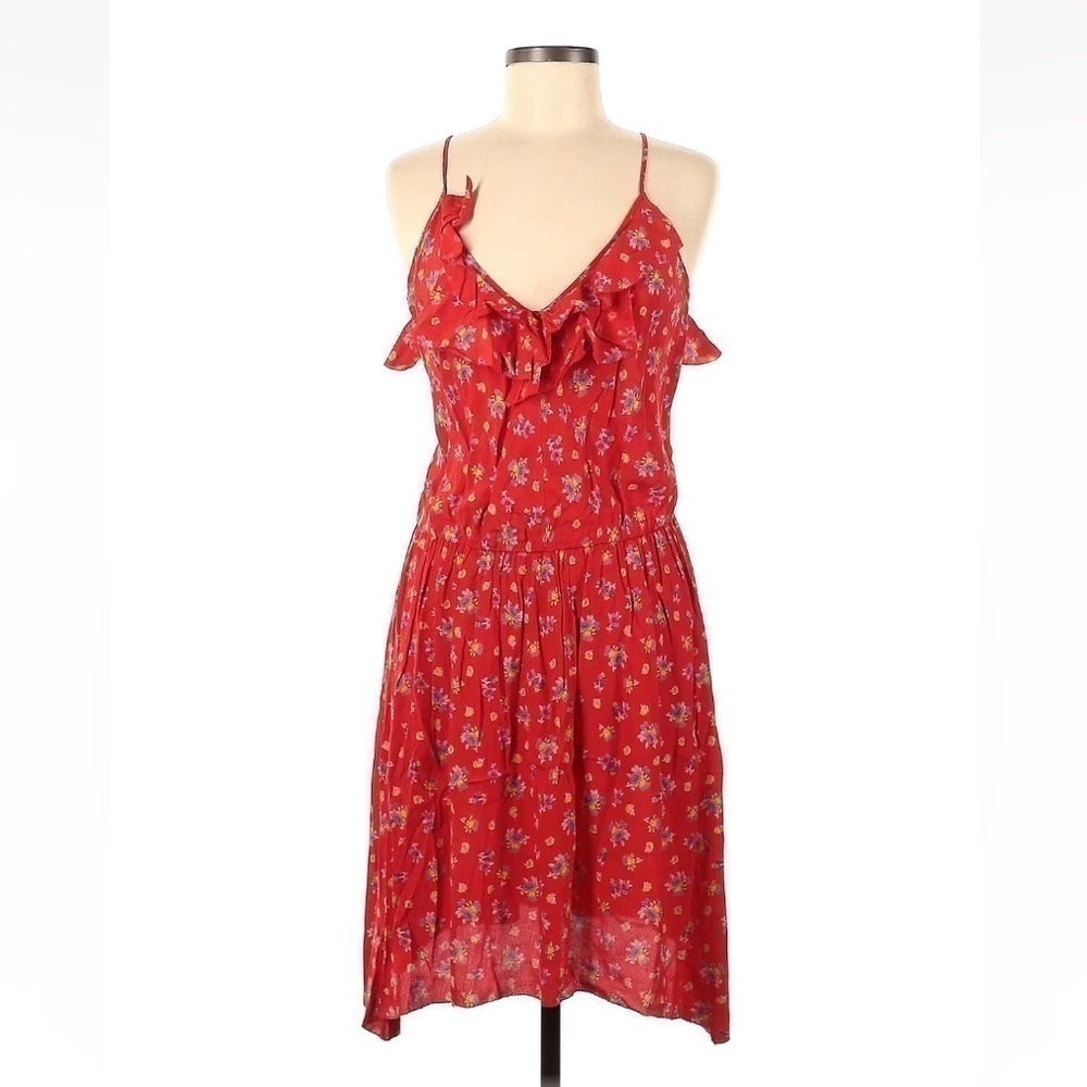 Rebecca Taylor RED MULTI RUFFLEDASYMMETRIC FLORAL STRAPPY DRESS size 6